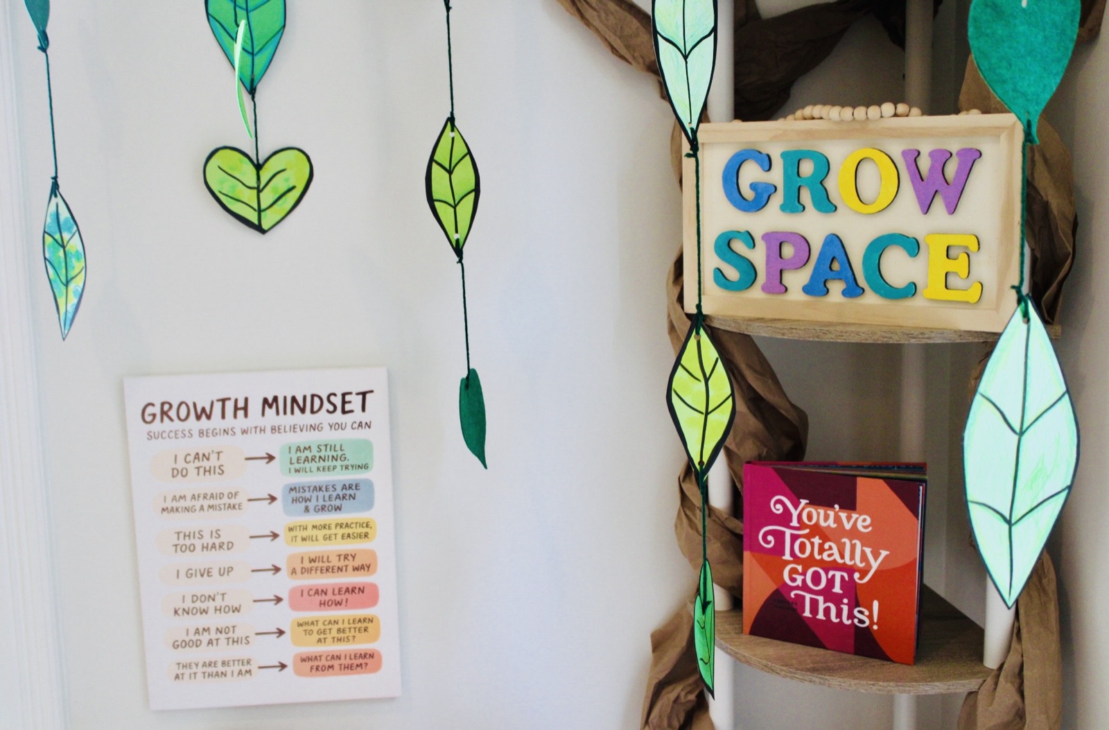 The growth mindset chart beside hanging paper leaves, with a small box reading You have Totally Got This.